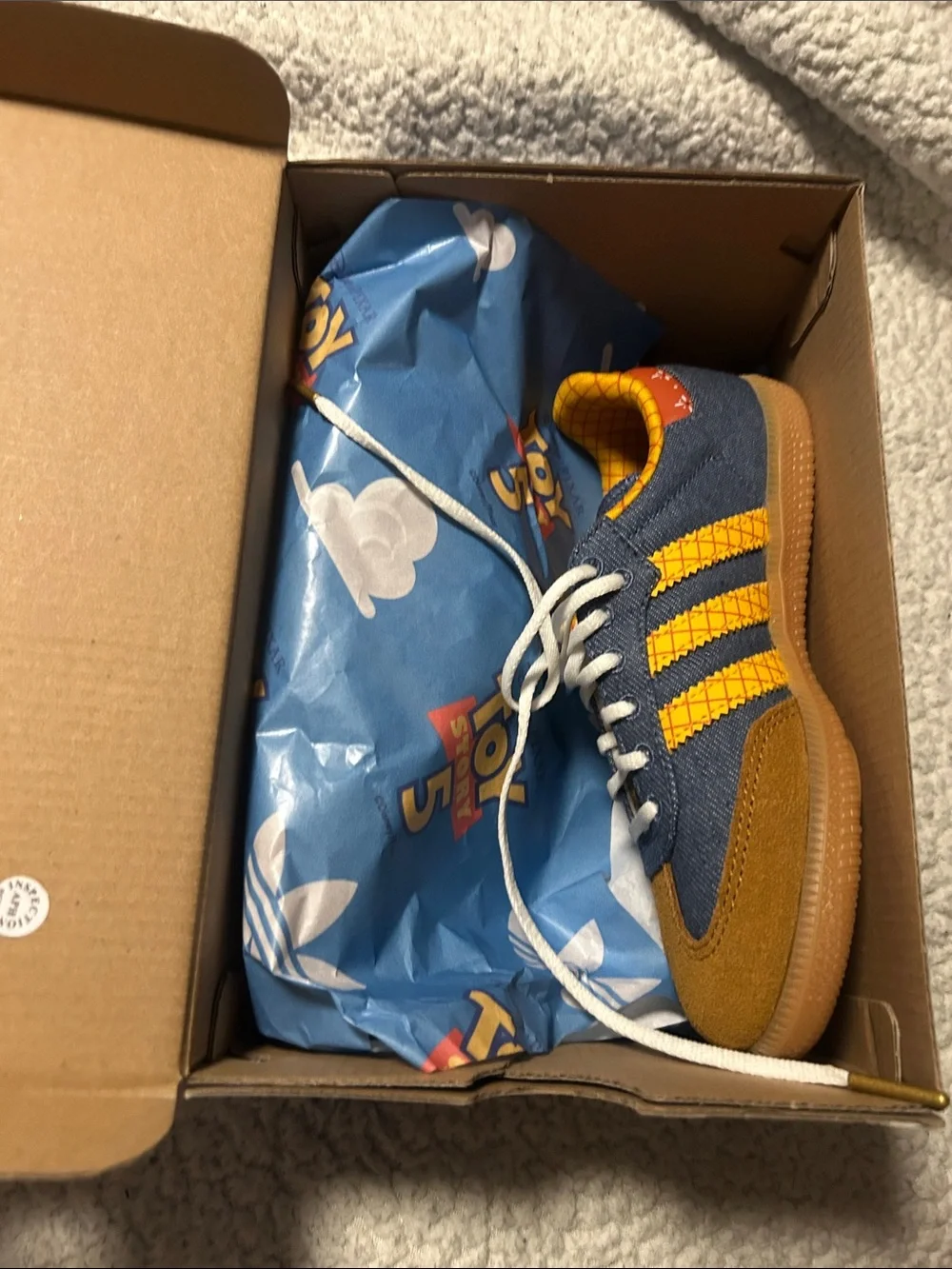 Kids Brown and Blue Toy Story 5 Adidas Sneakers with Yellow Accents